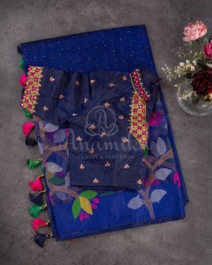 Royal Blue Muslin Jamdaani saree with a mirror work blouse