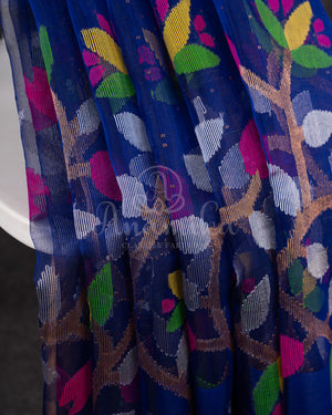 Royal Blue Muslin Jamdaani saree with a mirror work blouse