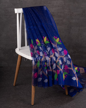 Royal Blue Muslin Jamdaani saree with a mirror work blouse