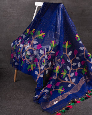Royal Blue Muslin Jamdaani saree with a mirror work blouse
