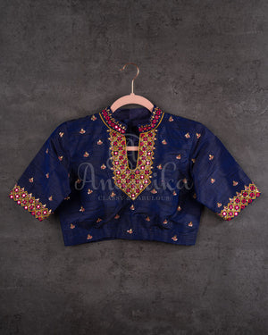 Royal Blue Muslin Jamdaani saree with a mirror work blouse