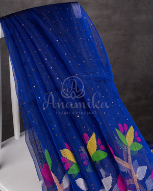 Royal Blue Muslin Jamdaani saree with a mirror work blouse