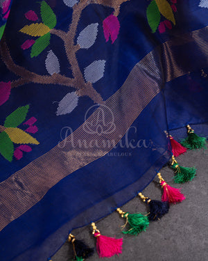 Royal Blue Muslin Jamdaani saree with a mirror work blouse