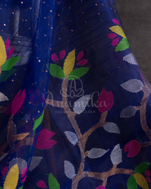 Royal Blue Muslin Jamdaani saree with a mirror work blouse