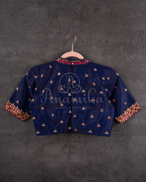 Royal Blue Muslin Jamdaani saree with a mirror work blouse