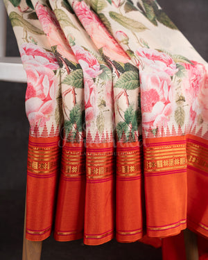 Off white Soft Kanchi silk saree with beautiful floral prints