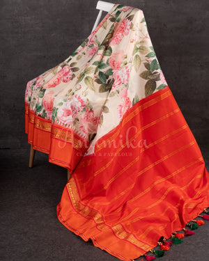 Off white Soft Kanchi silk saree with beautiful floral prints