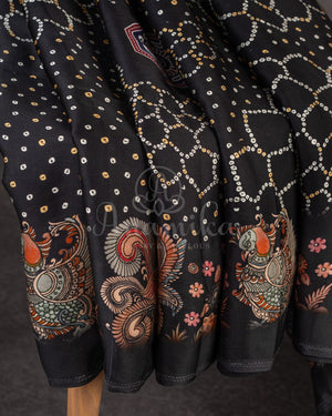 Stunning Black Crepe saree with bandini print and a gorgeous balloon sleeves blouse