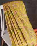 A tissue kanjeevaram saree in parrot green with pink border