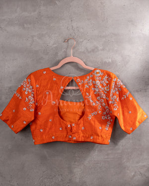 Orange Elbow sleeves blouse with silver work