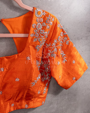 Orange Elbow sleeves blouse with silver work