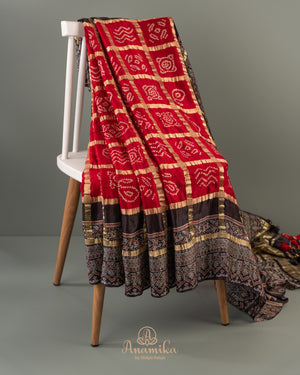 Beautiful Red and black Bandini gharchola saree with ajrak border and blouse
