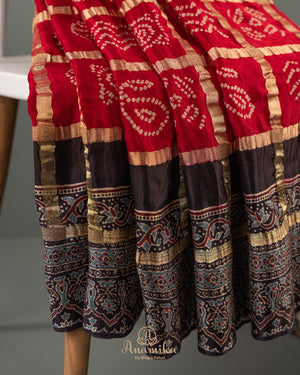 Beautiful Red and black Bandini gharchola saree with ajrak border and blouse