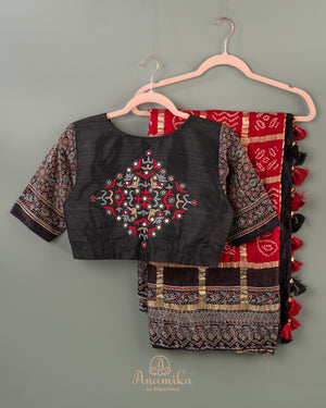 Beautiful Red and black Bandini gharchola saree with ajrak border and blouse