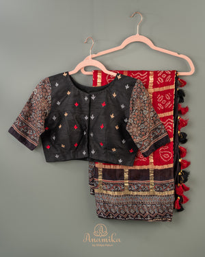 Beautiful Red and black Bandini gharchola saree with ajrak border and blouse