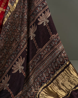Beautiful Red and black Bandini gharchola saree with ajrak border and blouse