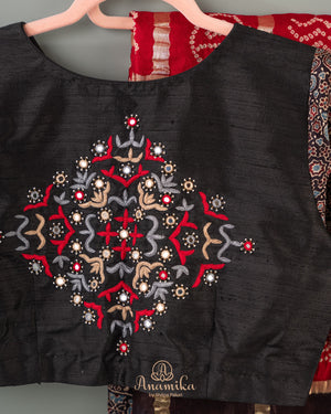 Beautiful Red and black Bandini gharchola saree with ajrak border and blouse