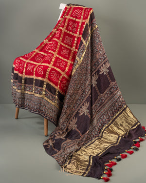 Beautiful Red and black Bandini gharchola saree with ajrak border and blouse