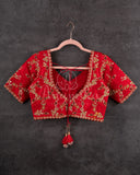 Beautiful Elbow sleeves blouse in red with gold floral vines work