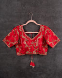 Beautiful Elbow sleeves blouse in red with gold floral vines work