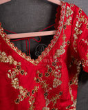 Beautiful Elbow sleeves blouse in red with gold floral vines work