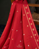 A lovely red Crepe seilk saree with zari checks