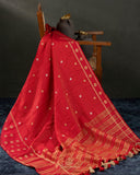 A lovely red Crepe seilk saree with zari checks