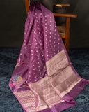 Organza silk saree in lavender with a contrast yellow handwork blouse