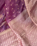 Organza silk saree in lavender with a contrast yellow handwork blouse