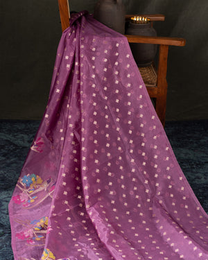 Organza silk saree in lavender with a contrast yellow handwork blouse