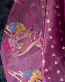 Organza silk saree in lavender with a contrast yellow handwork blouse