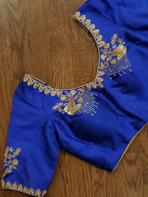 Blue raw silk gold work