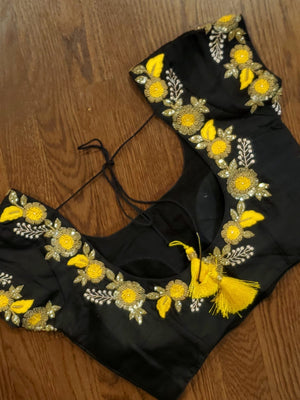 Black raw silk yellow floral work