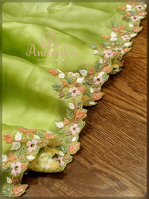 Olive green satin organza designer work saree