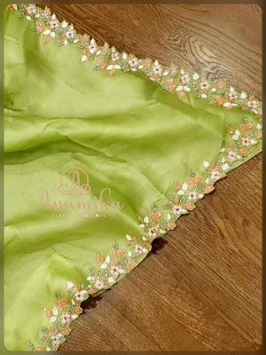 Olive green satin organza designer work saree