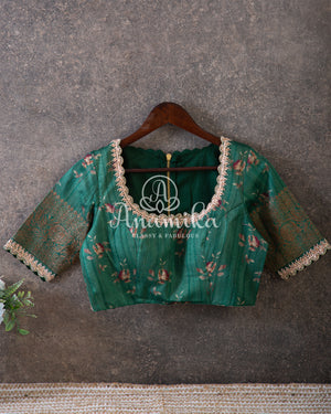 Green Floral Tussar Georgette Saree with floral blouse