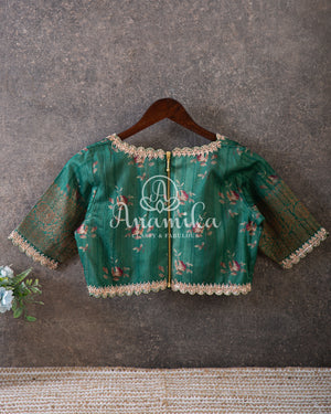 Green Floral Tussar Georgette Saree with floral blouse