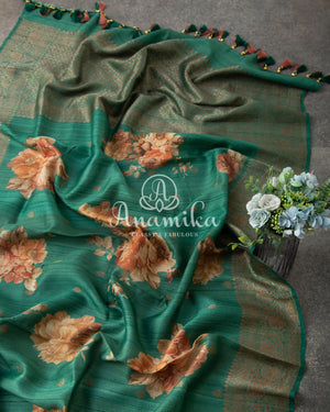 Green Floral Tussar Georgette Saree with floral blouse
