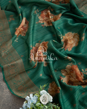 Green Floral Tussar Georgette Saree with floral blouse