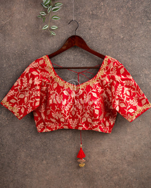 Red Pure Banarasi Brocade Blouse with hand embroidery