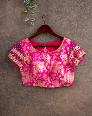 Pink Pure Brocade Blouse with Net Sleeves 2