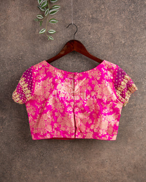 Pink Pure Brocade Blouse with Net Sleeves 2