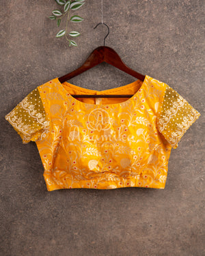 Yellow Pure Brocade Blouse with Net Sleeves