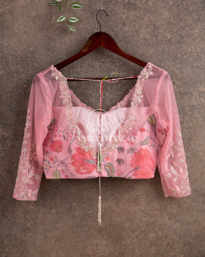 Pastel Pink Sequins Georgette saree with a floral blouse