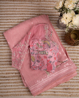 Pastel Pink Sequins Georgette saree with a floral blouse