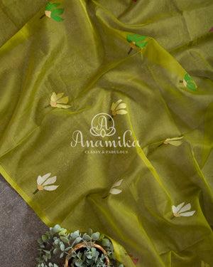 Green Organza Jamdaani Saree with contrast off white blouse