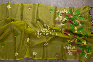 Green Organza Jamdaani Saree with contrast off white blouse