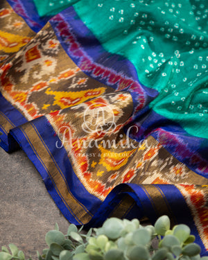 Blue/Green Pure silk bandini saree with patola border and pallu