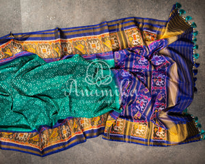Blue/Green Pure silk bandini saree with patola border and pallu
