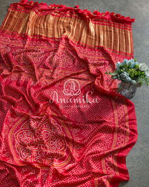 Red Bandini Saree with a Fusion concept Patola Blouse